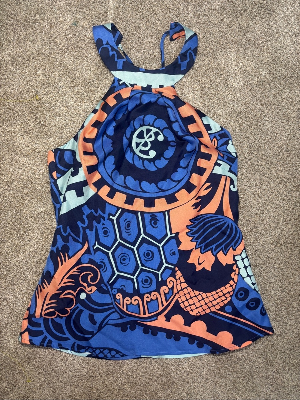 CK Bradley 100% Silk Size 0 Blue & Coral Graphic Halter Top Summer Vacation